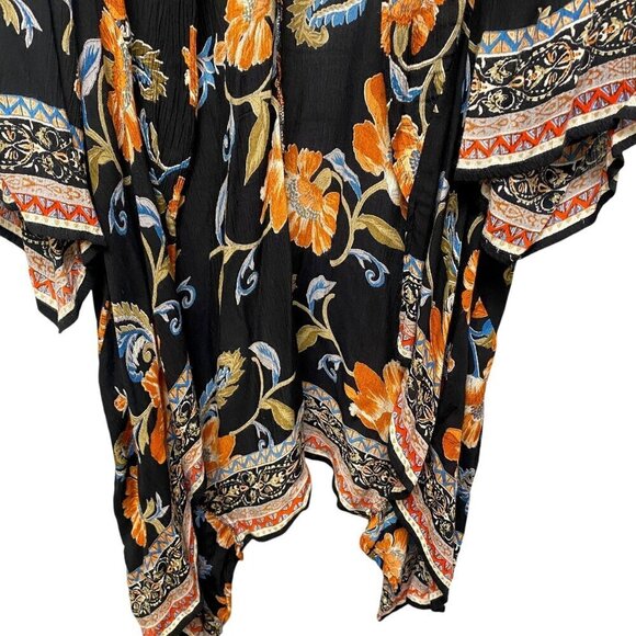 AQUA Boho Duster Size Small Black Floral Kimono Womens Open Front Top Shrug - Picture 8 of 9